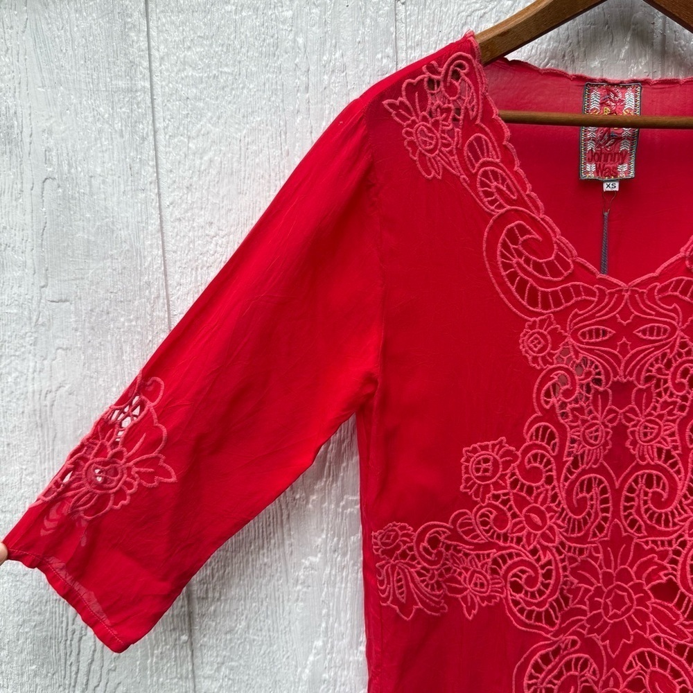 NWT Johnny Was Arlene Appliqué Tunic Sheer Red Women's 3/4 Sleeve Shirt Top XS - Picture 4 of 9